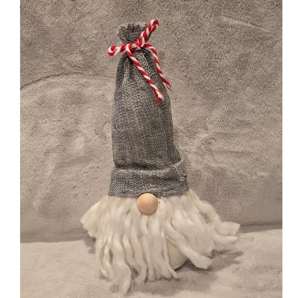 Christmas Gnome Tomte Plush Grey Cable Knit Hat White Beard Holiday Decor 10"